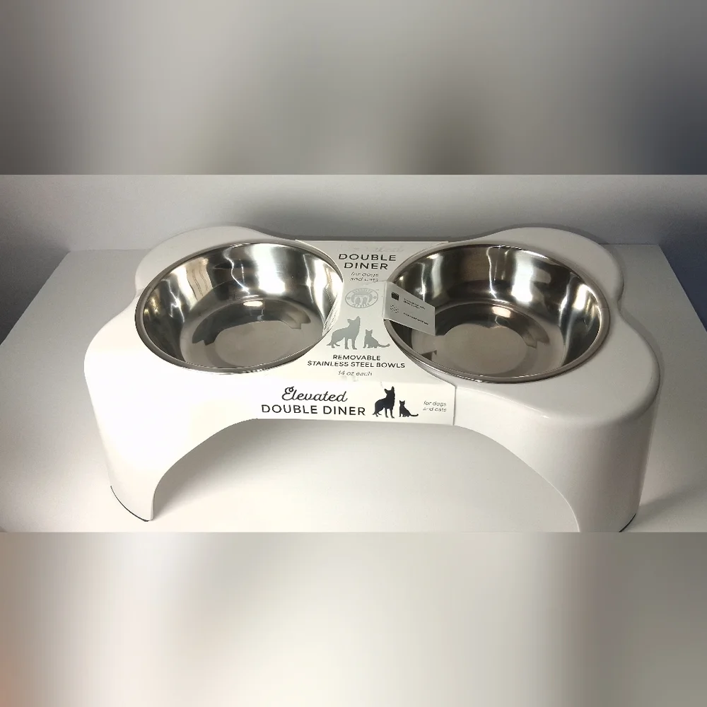 Elevated Double Diner Pet Bowl - White with Stainless Steel Bowls